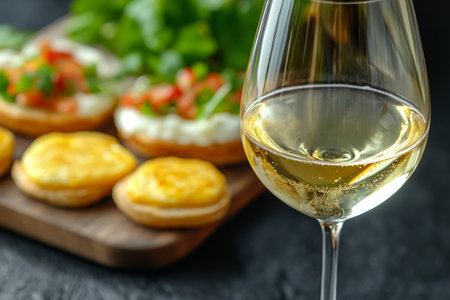 A glass of white wine is placed elegantly next to a wooden platter filled with light breakfast snacks. The atmosphere is inviting, perfect for a relaxing morning moment.の素材