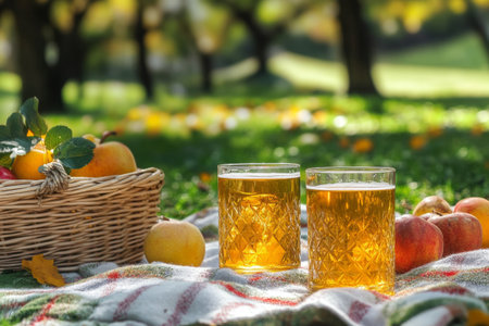 Two glasses of cider sit on a blanket in a vibrant park, accompanied by a basket filled with fresh fruit. The sun shines warmly, creating a peaceful atmosphere for relaxation.の素材