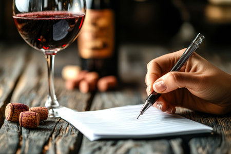 A hand writes notes on paper beside a glass of red wine and corks, capturing the essence of wine tasting. The rustic wooden table adds warmth to the experience.の素材