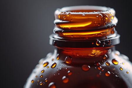 Water droplets cling to the smooth surface of a bottle, showing intricate patterns and reflections. The macro shot highlights the stunning detail and clarity of the scene.の素材