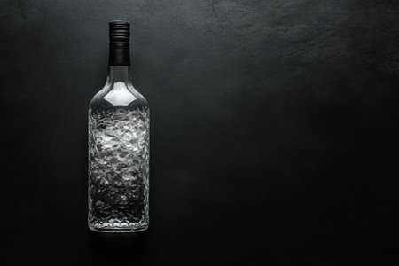 A striking bottle of premium vodka rests on a smooth black surface, emphasizing its elegant shape and clarity against the minimalist backdrop.の素材
