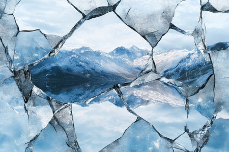 A reflective mirror surface shows cracks and fissures, revealing breathtaking mountain vistas in the background. The clarity of the scene contrasts beautifully with the imperfections of the mirror.の素材