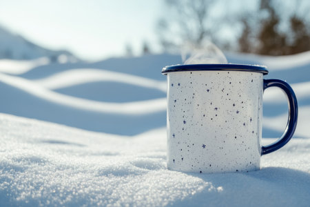 A steaming mug of hot drink rests on a blanket of pristine snow, framed by a tranquil winter landscape. Sunlight sparkles off the snowy drifts, enhancing the cozy atmosphere.の素材