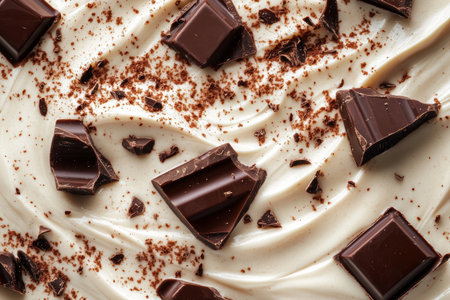 A thick, creamy liqueur dessert glistens with chocolate decorations scattered on top. The rich texture invites indulgence and promises a delightful taste.の素材