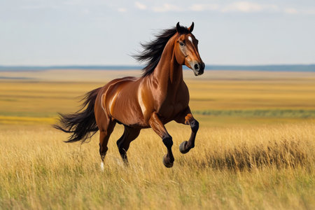 A majestic horse gallops gracefully across endless steps, its mane flowing in the wind. The landscape unfolds under a clear sky, showing the beauty of freedom.の素材