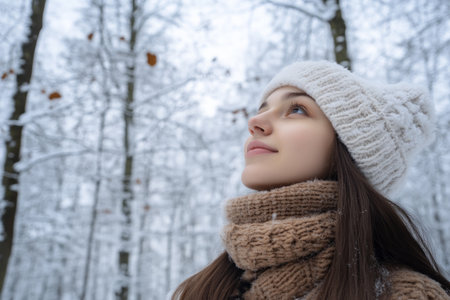 A young woman stands in a snowy forest, gazing upwards in wonder. Surrounded by ice-covered trees, she radiates serenity while wearing a cozy hat and scarf.の素材
