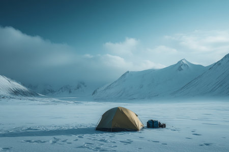 A yellow tent is set up on a snowy terrain surrounded by majestic mountains in winter. The tranquil environment highlights the beauty of nature's winter wonderland.の素材