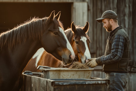 A farmer carefully feeds hay to two horses in a rustic barn. The warm golden light of sunset illuminates the scene, highlighting the bond between the farmer and the animals.の素材