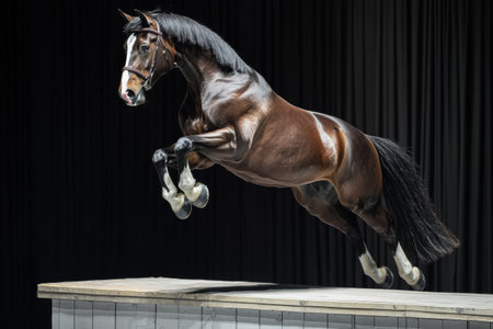 A skilled horse leaps gracefully over a barrier at a show, showing its agility and training. This performance highlights the bond between horse and rider, captivating the audience with precision.の素材