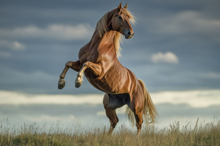 A majestic wild horse stands on its hind legs, showing its strength and elegance. This powerful display occurs in an open field under a dramatic sky at dawn.の素材