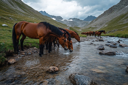 A group of horses gathers by a mountain river, drinking from its clear waters. The surrounding landscape features towering peaks and vibrant green grass, creating a serene atmosphere.の素材