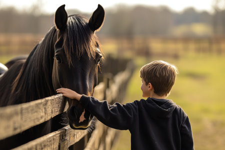 A young child stands by a wooden fence, tenderly stroking a horse. The warm glow of the afternoon sun creates a peaceful atmosphere in the countryside.の素材