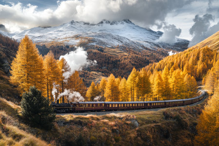 Vibrant golden larches line the winding railway as a steam locomotive gracefully travels through a picturesque autumn landscape, surrounded by towering mountains under a dramatic sky.の素材