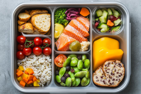 A colorful lunch box showcases a variety of nutritious meals including salmon, vegetables, fruits, and grains, perfect for a health-conscious individual on the go.の素材