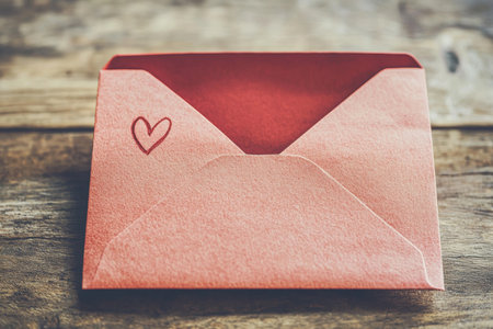 A red envelope with a heart symbol sits on a rustic wooden table, suggesting the anticipation of heartfelt words and personal connections. Its vibrant color draws attention in the cozy setting.の素材