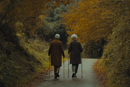 An elderly couple walks side by side along a peaceful forest path. Their walking sticks help guide them as they enjoy the vibrant autumn foliage surrounding them.の素材