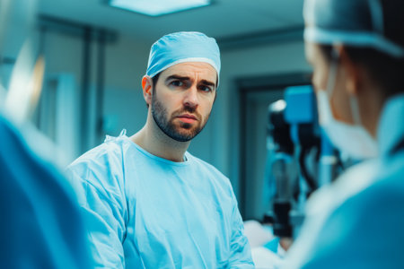In a well-lit clinic, an ophthalmologist focuses intently on a patient during an eye examination, showing a commitment to patient care and professional expertise.の素材