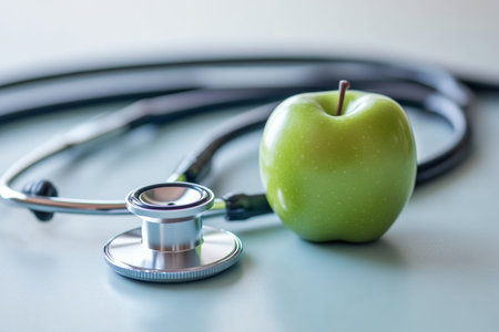 A green apple positioned on a silver stethoscope highlights the connection between nutrition and health in a clinical environment. This representation emphasizes well-being.の素材