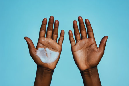 Hands are shown with sunscreen lotion applied in a gentle manner, emphasizing the importance of protecting skin from harmful UV rays on a sunny day.の素材
