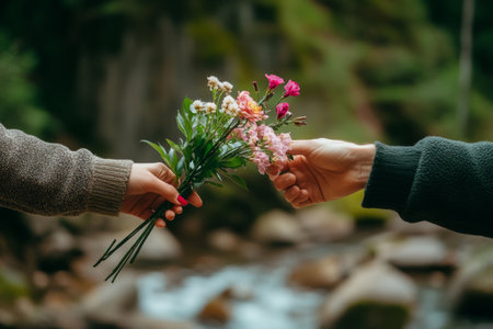 Two individuals share a moment of affection while giving each other colorful flowers. The backdrop features lush greenery and a gentle stream flowing peacefully in the distance.の素材