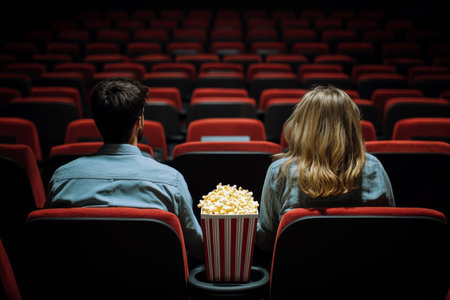 A couple sits closely in a dimly lit theater, surrounded by empty red seats. They share a large container of popcorn, creating a cozy and intimate atmosphere.の素材