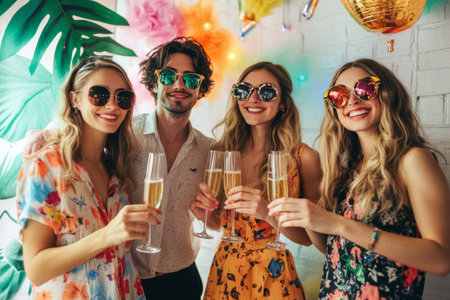 Friends gather together, smiling and clinking champagne glasses at a lively theme party. The backdrop features bright decorations, creating a cheerful ambiance.の素材