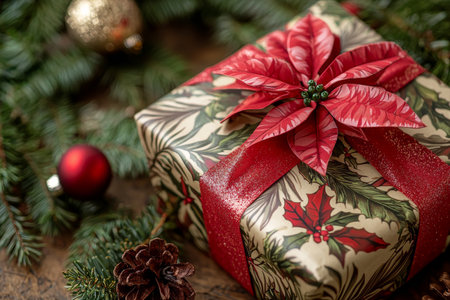 A beautifully wrapped holiday gift featuring a striking poinsettia and rich red accents rests on a wooden table surrounded by festive greenery. The cheerful colors evoke the joy of the season.の素材