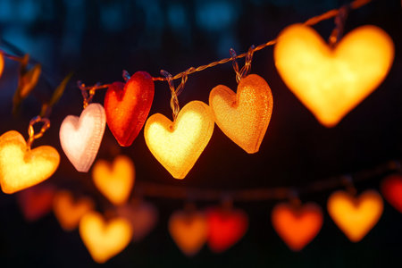 Colorful heart-shaped garlands glow softly in the dark, casting a warm light that enhances the ambiance of nighttime gatherings or celebrations. Perfect for romantic evenings.の素材