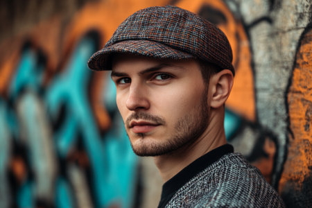 A young man wearing a fashionable cap stands poised in front of colorful graffiti, showcasing an edgy urban style. The striking backdrop highlights his confident expression.の素材