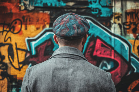 A young man wearing a stylish cap stands with his back to the camera, set against a colorful graffiti wall. The scene captures the essence of urban culture and individuality.の素材