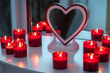 A heart-shaped mirror sits on a white vanity table, surrounded by glowing red candles. The warm light adds a romantic touch, perfect for a cozy setting.の素材