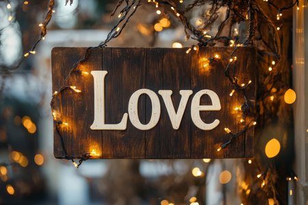 A rustic wooden sign features the word Love in white letters, beautifully illuminated by fairy lights. This charming decor adds warmth and ambiance to a cozy space.の素材