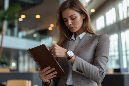 In a contemporary office, a focused businesswoman examines her wristwatch while holding a leather notebook, indicating time management and professionalism.の素材