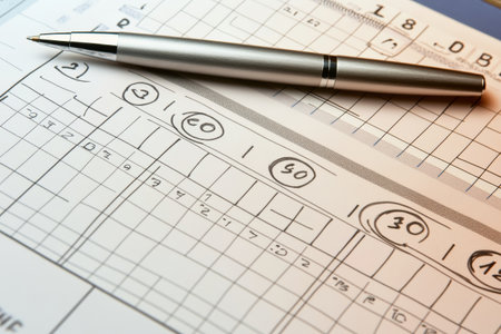 Detailed perspective of a calendar featuring crucial dates marked with circles. A silver pen rests on the page, showcasing a well-structured schedule that emphasizes planning.の素材