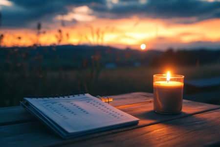 An open planner rests on a rustic wooden table beside a softly glowing candle, as the sun sets in the background, casting warm tones across the tranquil landscape.の素材
