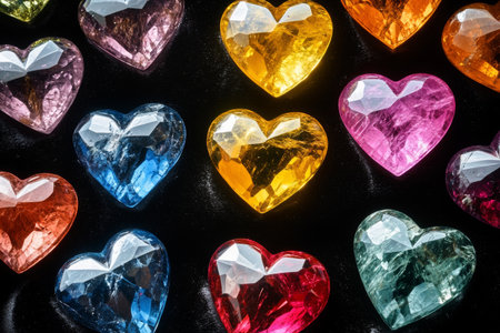 Various vibrant heart-shaped gemstones in shades of pink, blue, yellow, and green are delicately displayed on a lush black velvet surface, showing their sparkling facets and rich colors.の素材