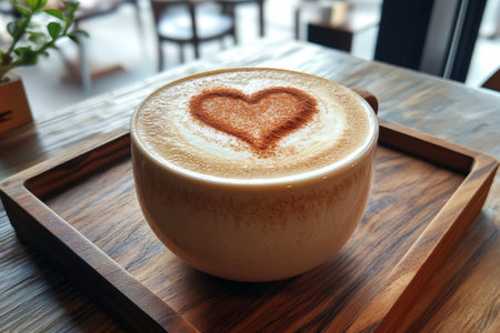 Enjoying a beautifully crafted latte with a cinnamon heart design atop, resting on a rustic wooden tray in a warm and inviting cafe atmosphere.の素材