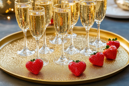 Sparkling champagne fills elegant glasses on a golden tray accompanied by heart-shaped strawberries. This festive arrangement is perfect for a romantic evening or special occasion.の素材