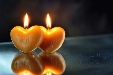 Two heart-shaped candles burn gently on a reflective glass surface, casting a warm glow. Their unique shape and soft light enhance the romantic atmosphere, perfect for a cozy evening.の素材