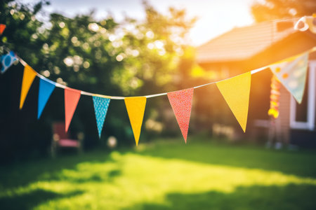 Bunting flags in vibrant colors and cheerful streamers are hung up in a sunlit backyard, enhancing the festive mood for a lovely outdoor gathering. The scene invites joy and celebration.の素材