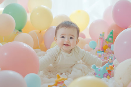 A joyful baby smiles brightly while surrounded by colorful pastel balloons and soft birthday toys. The setting radiates a playful, soft vibe perfect for celebrating a special day.の素材