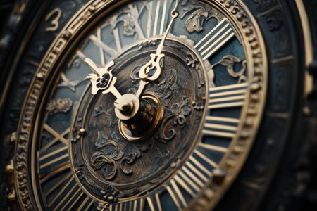 A close-up reveals the exquisite details of an antique clock, highlighting its intricate design. The craftsmanship symbolizes timelessness, inviting admiration and reflection.の素材