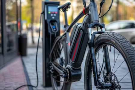 An electric bike is connected to a charging station in a bustling city. The detailed close-up shows the bike's design and the charging interface in broad daylight.の素材