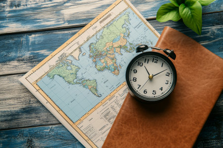 A travel planner is open next to a world clock and a detailed map, highlighting the importance of time management for globetrotters. Enjoy planning adventures around the world.の素材