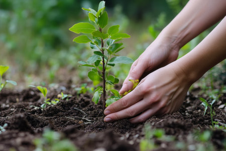 Hands gently place a small sapling into fertile soil, surrounded by greenery in a serene forest setting. The act reflects a commitment to nature and sustainability.の素材