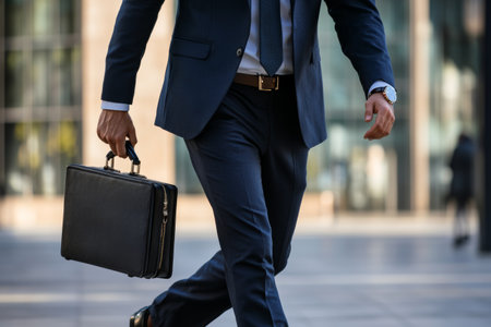 A well-dressed professional strides purposefully through a bustling business district, carrying a briefcase while checking the time on a wristwatch, indicating urgency in the morning commute.の素材