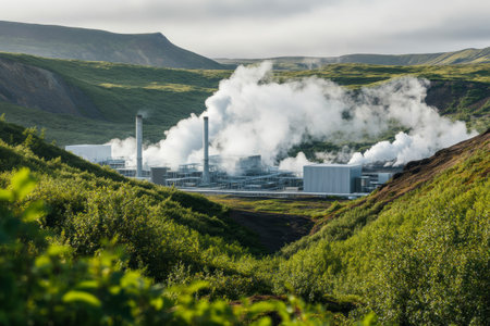 Lush green hills surround geothermal power plants, with steam rising into the air amidst a picturesque landscape. The natural beauty blends seamlessly with modern energy production.の素材