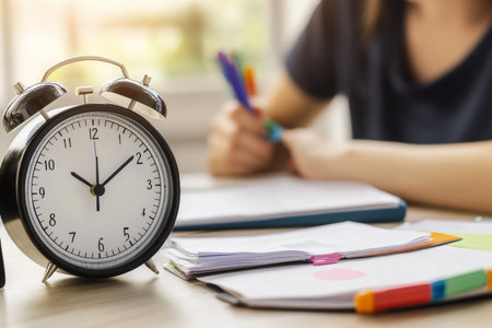 In a bright study space, a student sits at a desk, concentrating on exam preparation. Clutter-free notes are neatly arranged, and a clock ticks away, marking the study hours.の素材