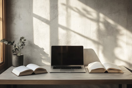 A bright workspace showcases a minimalist desk, highlighting a laptop and a single open book under soft natural light. The arrangement promotes a calm reading and working environment.の素材