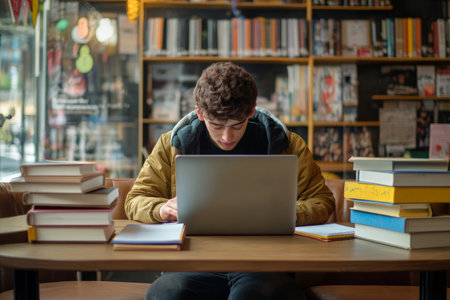 A student sits at a cafe table immersed in work on a laptop, surrounded by stacks of books and a notepad. The vibrant atmosphere enhances the studying experience, reflecting dedication.の素材
